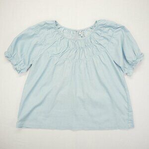 Polagram Cottage Blouse Blue Boho Boutique Medium Ruffled Neck Button Closure